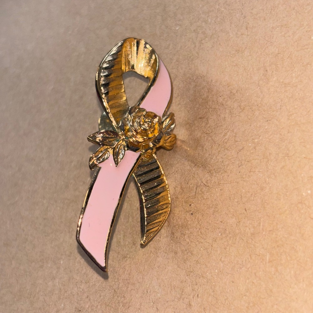 Vintage Avon Pink Ribbon Breast Cancer Awareness Pin Women Gold Tone Pink